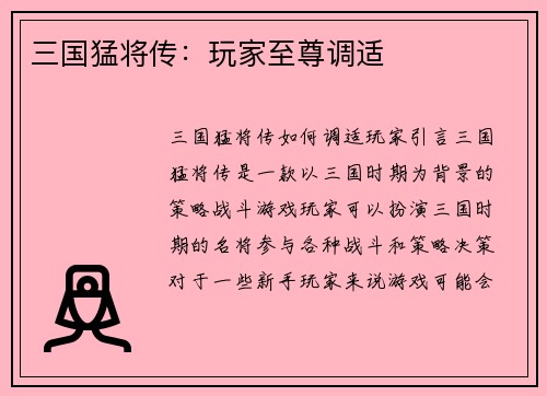 三国猛将传：玩家至尊调适
