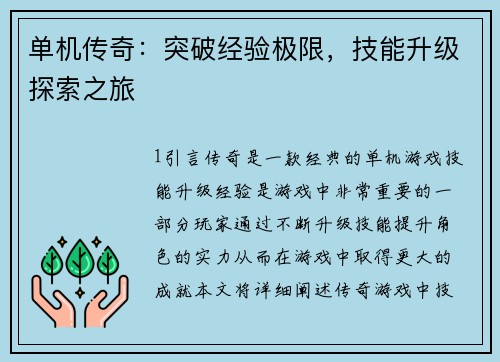 单机传奇：突破经验极限，技能升级探索之旅